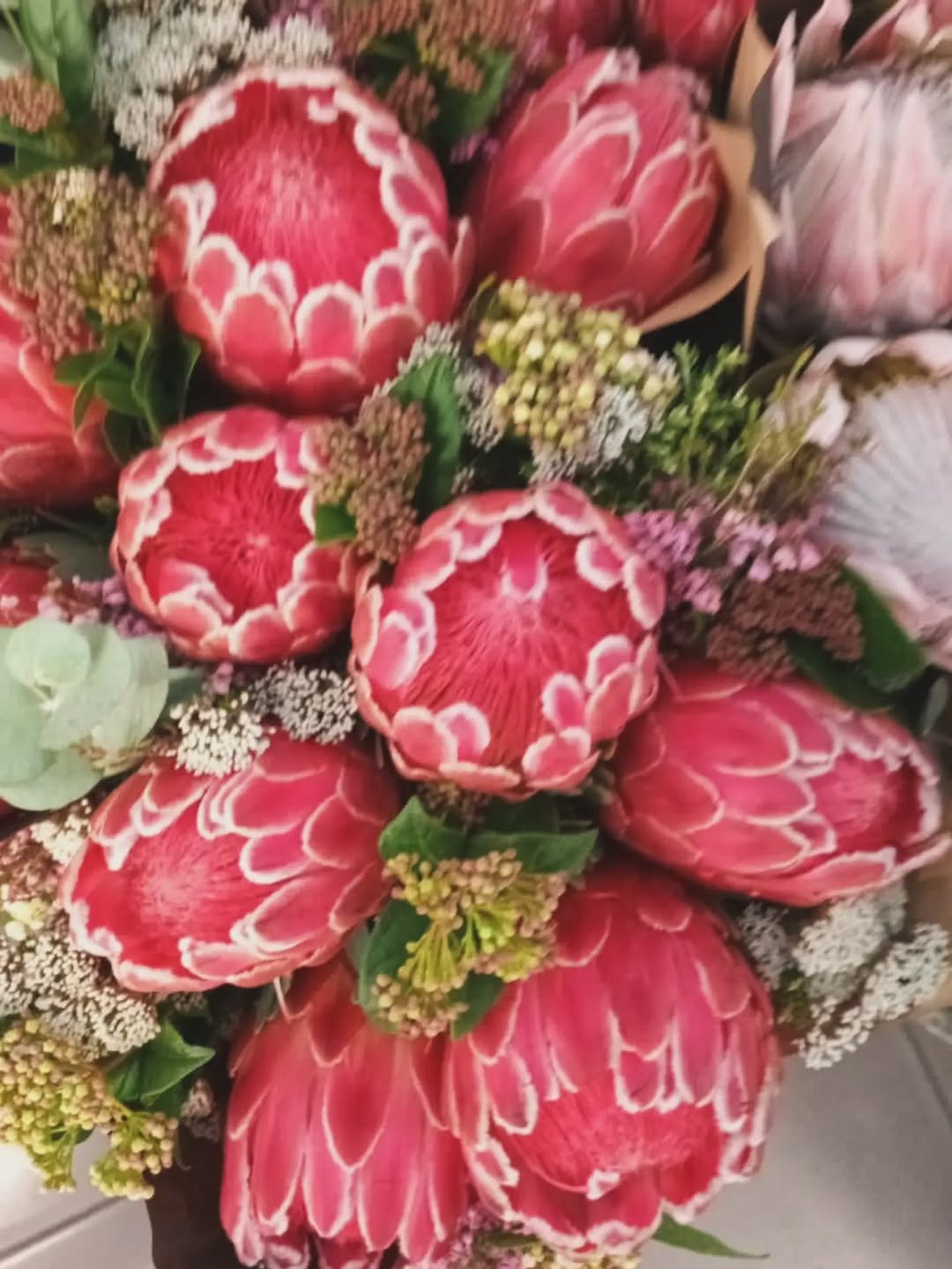 Composizione di protee rosse e fiori di campo, primo piano